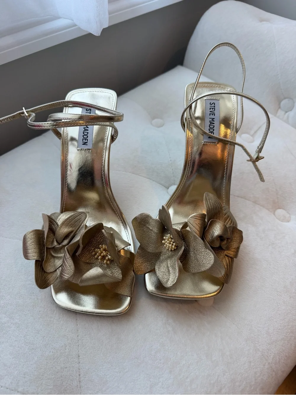Steve Madden Gold Floral Metallic Ankle-Strap Heels-NWT(+box)